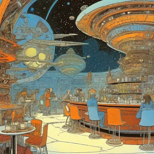 Prompt: "The Coffee Shop at the End of the Universe, retrofuturism, Mœbius, Philippe Druillet, Jean-Claude Mézières"