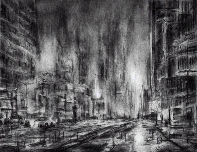 charcoal drawing, dramatic strokes, intense contrast