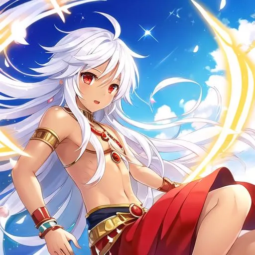 Prompt: Magi: The Labyrinth of Magic Art Style. Create a magi with white hair. Red eyes. A boy. Dark skinned. Long hair. Flying on a flying carpet