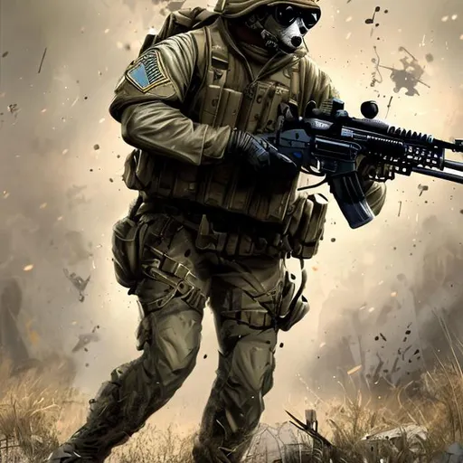 Prompt: ware wolf in us army gear with guns and ammo splash art
