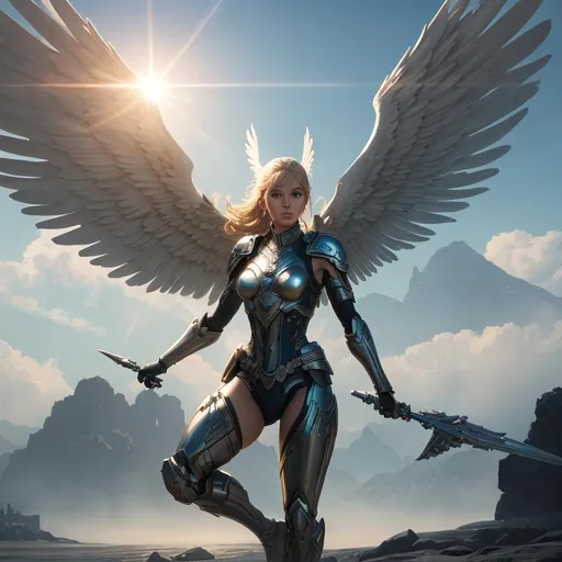 Prompt: splash art, concept art, 

Full body portrait of a valkyrie girl, angel wings,

intimating, scary, asymmetrical, perfect composition,

jim burns and makoto shinkai style, complementary vibrant colors, sun rays coming towards the viewer, telephoto lens,

hyperrealistic, artstation, highly detailed, high quality, uhd 8k, unreal engine