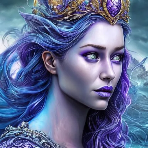 Prompt: Mermaid goddess hyper realistic face features blue and purple hyper detailed forehead crown