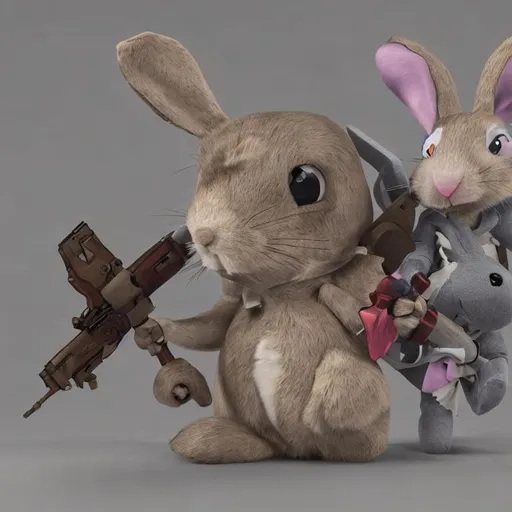 Prompt: cartoon rabbit holds a weapon, 3d render, highly detailed, long shot