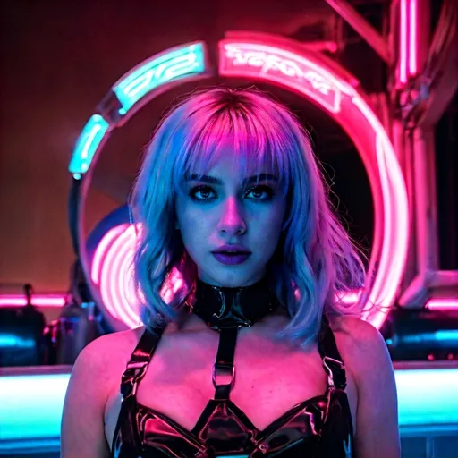 Prompt: a beautiful female demon in a dynamic pose in a retro futuristic synthwave cyberpunk neon paradise.  neon lighting, high quality, beautiful, synthwave, cyber, retro, futuristic