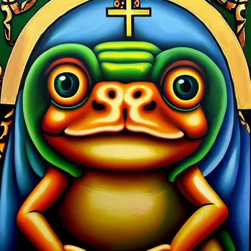 Prompt: a frog in religious icon style in oil paints by raphael