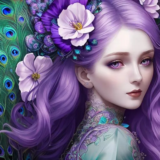 Prompt: dynamic composition of a pale skinned woman with hair of flowers and peacock plummage  of aqua and purple, ornate details,lacey clothes, facial closeup