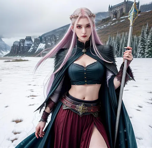 Prompt: Gorgeous perfectly detailed facial features, long legs, sumptuous hyper detailed perfect body, ultra pale, visible midriff, random pose, gothic fantasy, gloomy random ancient dystopian landscape, heavy snow, female gothic mage with a Sceptre, 

wearing a weathered old period appropriate outfit, flowing random colored hair, random length hair, porcelain face, large reflective red eyes, fierce agonizing look, 

Splashart, wandering magical lights, surreal, symmetrical intricate details, hyper detailed perfect studio lighting, perfect shading, 

Professional Photo Realistic Image, RAW, artstation, splash style dark fractal paint, contour, hyper detailed, intricately detailed, unreal engine, fantastical, intricate detail, steam screen, complimentary colors, fantasy concept art, 64k resolution, deviantart masterpiece, splash arts, ultra details, Ultra realistic, hi res, UHD, complete 3D rendering.