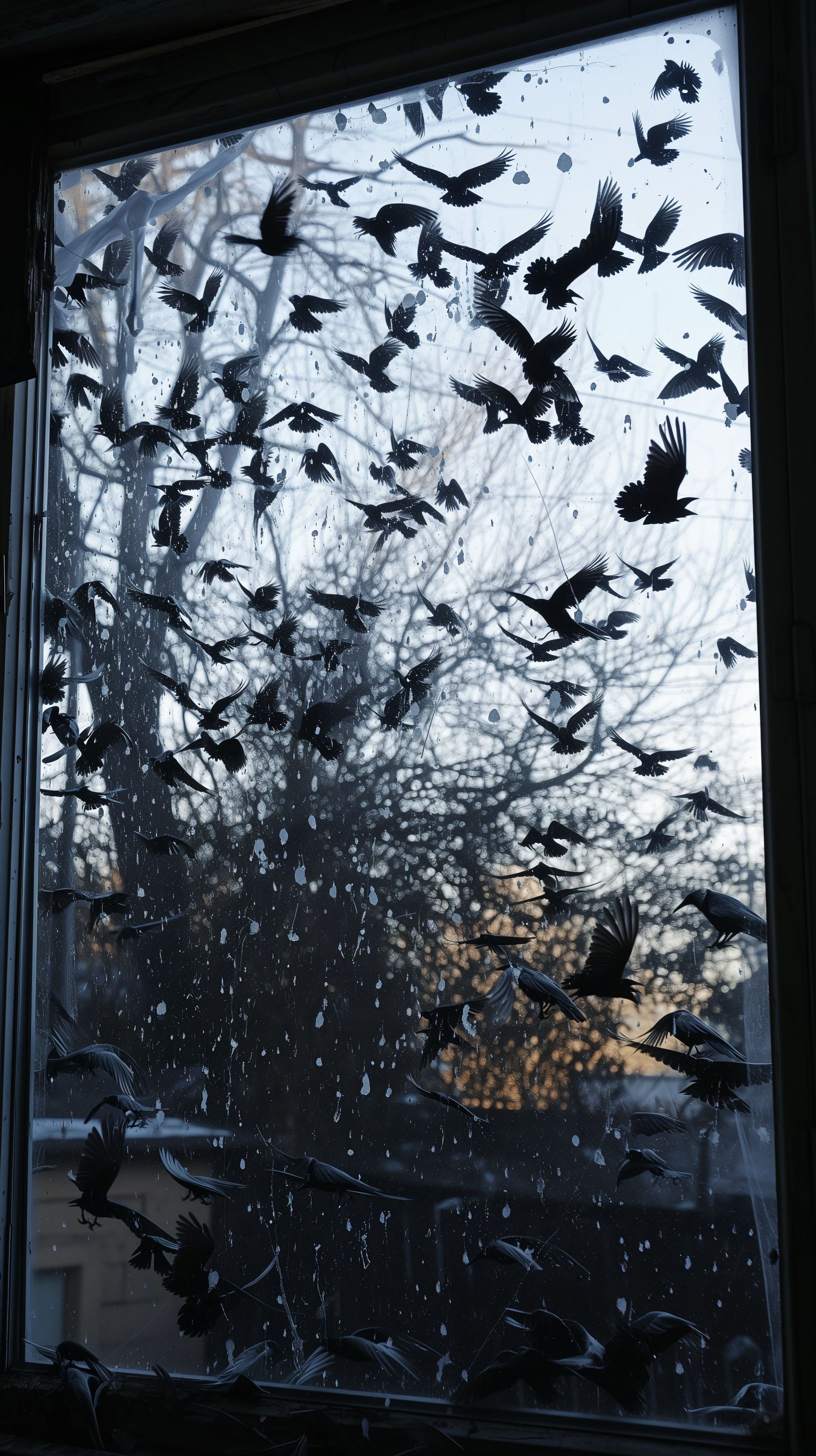 Prompt: oversized hundreds of magpies (monster birds) banging on the outside of a window of a home, large garden windows, swooping season, realistic, terrifying, beaks smashing into glass, blocking out the outside, alfred hitchcock 'The birds' --ar 9:16 --v 6.0