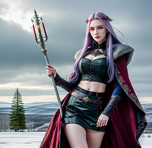 Prompt: Gorgeous perfectly detailed facial features, long legs, sumptuous hyper detailed perfect body, ultra pale, visible midriff, random pose, gothic fantasy, gloomy random ancient dystopian landscape, heavy snow, female gothic mage with a Sceptre, 

wearing a weathered old period appropriate outfit, flowing random colored hair, random length hair, porcelain face, large reflective red eyes, fierce agonizing look, 

Splashart, wandering magical lights, surreal, symmetrical intricate details, hyper detailed perfect studio lighting, perfect shading, 

Professional Photo Realistic Image, RAW, artstation, splash style dark fractal paint, contour, hyper detailed, intricately detailed, unreal engine, fantastical, intricate detail, steam screen, complimentary colors, fantasy concept art, 64k resolution, deviantart masterpiece, splash arts, ultra details, Ultra realistic, hi res, UHD, complete 3D rendering.
