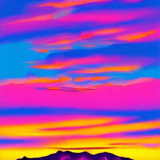 Prompt: Vaporwave art, sunset over mountains, bright colours