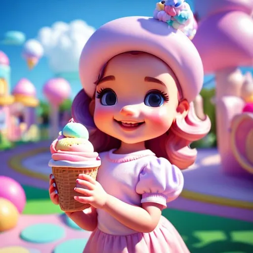 Prompt: tiny cute baby girl with icecream, smiling, hairpin, lilac dress, brown curly hair, standing character, playground in the background, soft smooth lighting, soft pastel colors, skottie young, 3d blender render, polycount, modular constructivism, pop surrealism, physically based rendering, square image, realistic, detailed