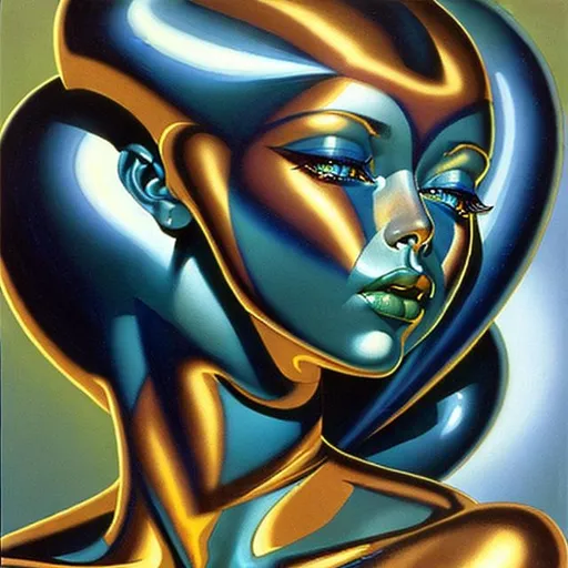 Prompt:  1970's artwork by Vladimir Tretchikoff of attractive alien woman, casting blue light on her skin 