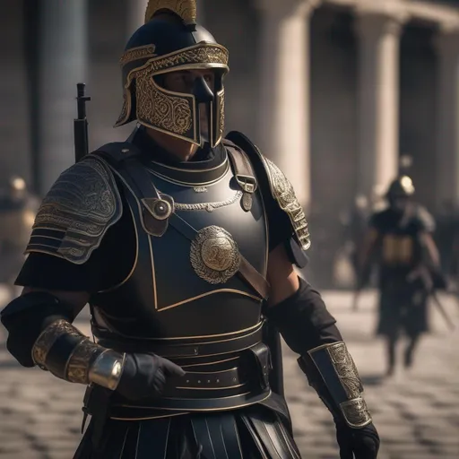 Prompt: a modern roman military male in black military armor galea helmet of roman armor, with a gunfire and gas mask, marching, Hyperrealistic, sharp focus, Professional, UHD, HDR, 8K, Render, electronic, nervous vibe, loud, tension, dark, Epic