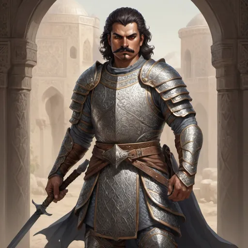 Prompt: Full body, Fantasy illustration of a persian warrior, skilled and badass, mustache, chainmail armor, neutral expression, high quality, fantasy, detailed armor, male