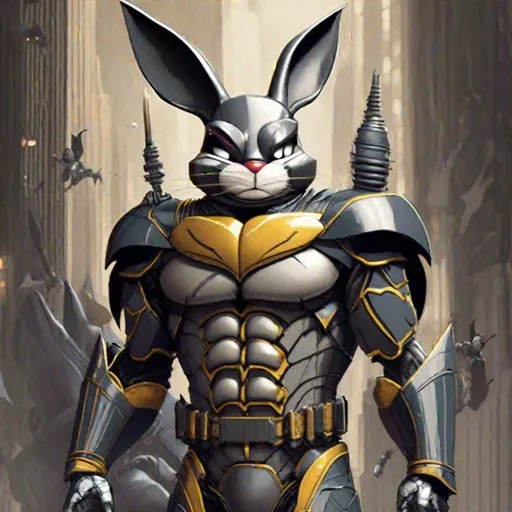Prompt: Bugs Bunny in Batman armor, retrofuturistic, by studio Ghibli