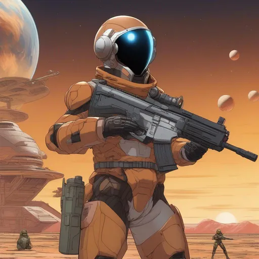 Prompt: Seen from distance. Whole body. Full figure. An african scifi soldier in butternut armor. He has a venus war helmet. In background earth from the space. 
He wields a rifle. In background a scifi station in space. Anime. Yoshikazu Yasuhiko art.  Rpg art. Akira art. 2d art. 2d. 