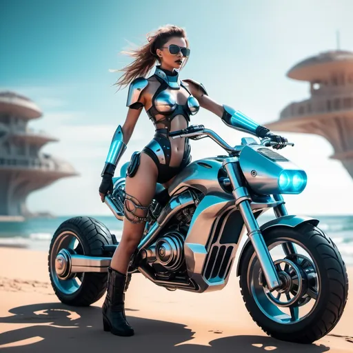 Prompt: futuristic cyberpunk beach world, attractive cyborg woman riding a futuristic motorcycle, action scene