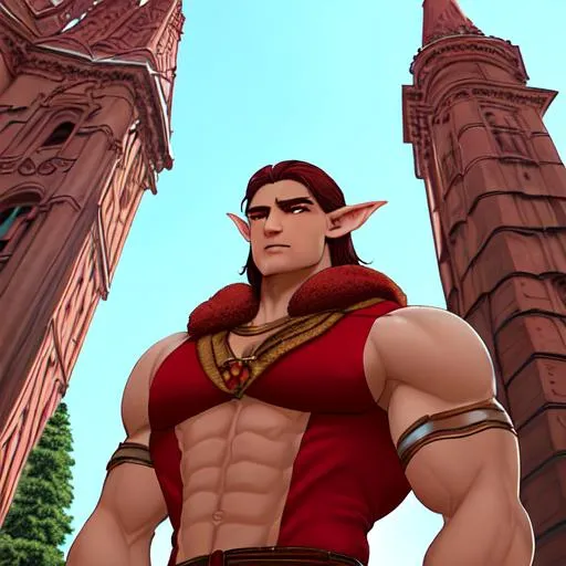 Prompt: Posing in front of a red-sandstone, stone skyscrapper with renaissance Prauge architecture.
A light-skinned male half elf barbarian with a body builder's physique, the look on his face is courageous.  His uniform is white with gold trim. A red undershirt peaks out from underneath.  His pauldrons are white fur.  His scarf is crimson red,  He wears a red and white flame-patterned tabard, held up by a forest-green belt.  His helmet is silver white with gold trim, the gold trim decorative a twin-split gold spike rises up from the front of his helmet.  A red polearm is carried on his back.