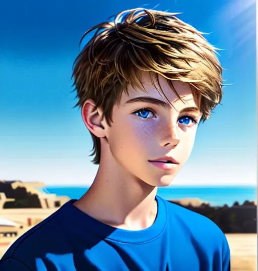 Prompt: Hyperrealistic Hyperrealism (3/4 view of face)++ (head turned)++ (side view) portrait,  facing camera Beautiful young teen boy, (kid) (messy hair)+ lightbrownhair boy, hair, sharp gaze, blue eyes, innocent, boy model, 15 years old, hot, pretty, cute, cinematic lighting, blue sky, bright colors, blue, green, yellow, white,  luminous, hyperdetailed, great composition, professional, artstation award, (white background)++