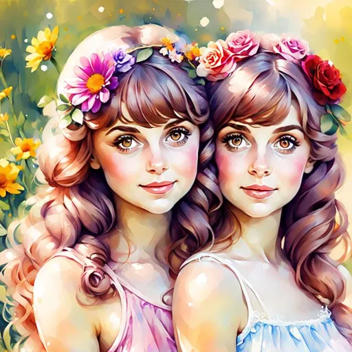 Prompt: two  cute girls, flowers in hair
