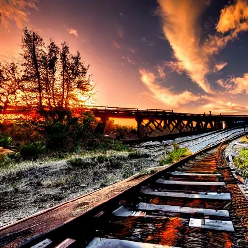 Prompt: Ancient train wreck sunset bridge