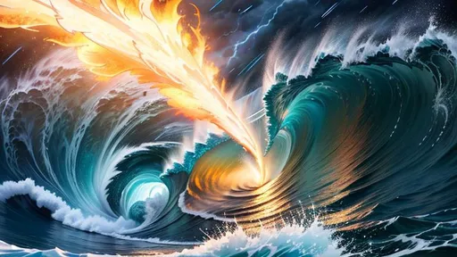 Prompt: Poster art, high-quality high-detail highly-detailed breathtaking storm on the ocean, UHD, 64k, full form, highly detailed storm, detailed ocean setting, epic, 8k HD, ice, fire, luminescence , sharp focus, ultra realistic clarity. Hyper realistic, portrait, realistic, close to perfection, high quality cell shaded illustration, dynamic pose, centered, freedom, soul, approach to perfection, cell shading, 8k , cinematic dramatic atmosphere, watercolor painting, global illumination, detailed and intricate environment, artstation, concept art, fluid and sharp focus, volumetric lighting, cinematic lighting, 
