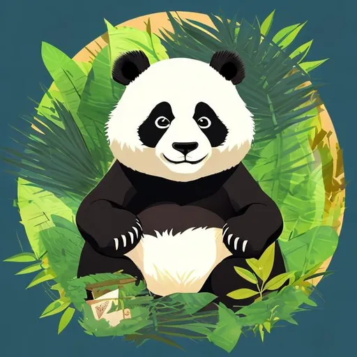 Prompt: panda, face,  fur +bamboo leafs:0.2, vector art + sticker:0.5 , cartoon, detailed, surrounded by bamboo and leaf circle , picasso, black backgrouns, fortnite style