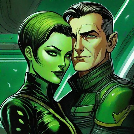 Prompt: A caucasian adult man, scifi pilot with very short slicked back brown pompadour undercut hair and shaved sides, futiristic fully dark entirely jet black leather jacket. green eyes, hugging A green skinned scifi green female, woman with green skin, short black bob hair, uniform. she has green skin. well drawn green face. detailed. green girl, the femme is green, mujer has green skin, green character, green race, detailed. her skin is green, her skin colour is green, star wars art. 2d art. 2d, 