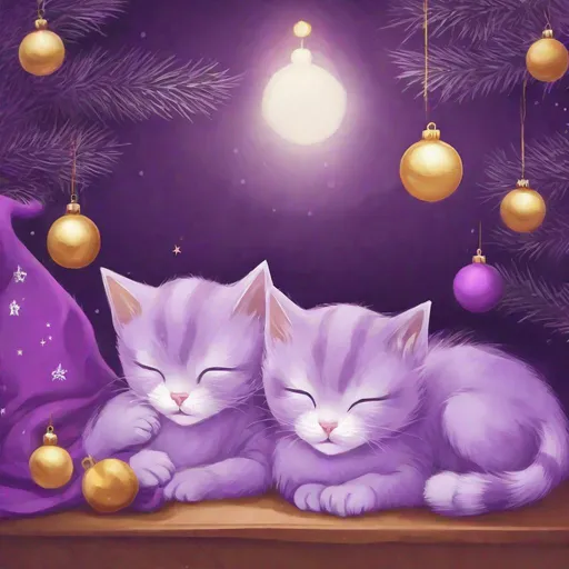 Prompt: kittens sleeping under a purple christmas tree