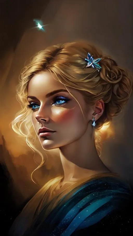 Prompt: Mystic blonde Irish goddess golden skin, crystal blue eyes. detailed, proportionate, beautiful face. riding a bird in the sky. crystal staff held valiantly. Meteors falling. Wide angle. Crystal wings.