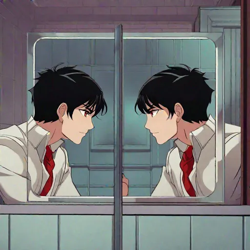 Prompt: Damien (male, short black hair, red eyes) placing his hand on the mirror staring at his reflection 