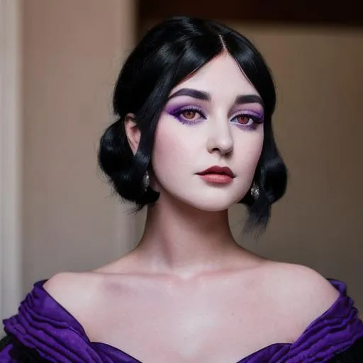 Prompt: A beautiful Victoria woman with black hair and violet eyes, wearing a purple gown