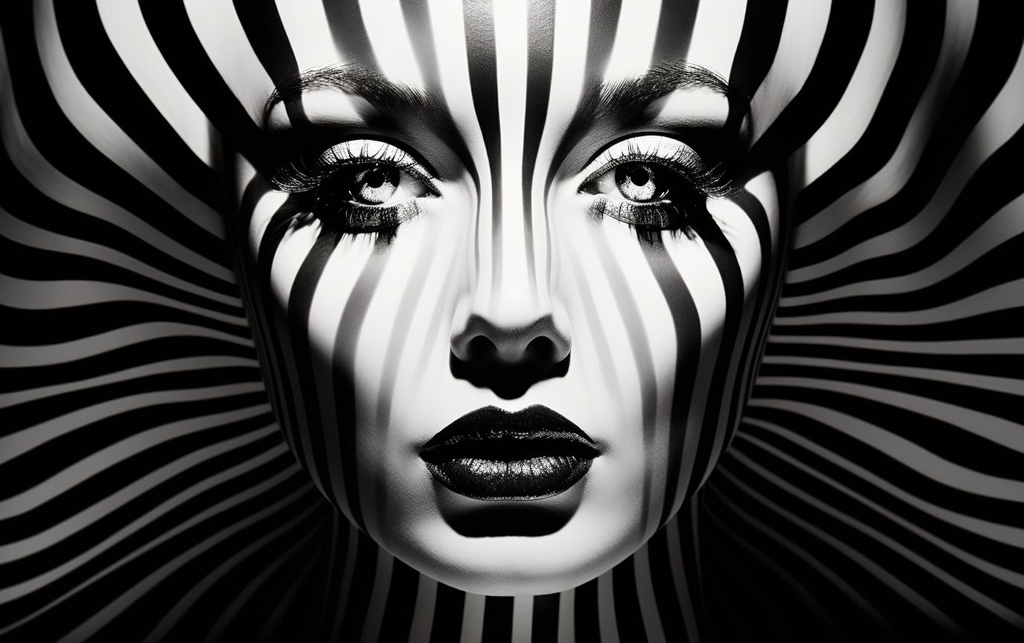 Prompt: a woman's face with black and white stripes, in the style of psychedelic illustration, made of liquid metal, victor moscoso, emotive faces, hiroshi nagai, presentation of human form, john wilhelm