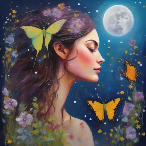 Prompt: A profile beautiful and colourful picture of Persephone with brunette hair with sparkles in it, and with light freckles, is surrounded by an American Moon Moth, Baby's Breath flowers, a chickadee birds, moss and plants, framed by the moon and constellations, in an impressionistic colourful acrylic palette knife style.