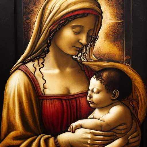Prompt: "A painting of a mother hugging one baby in 
the style of Da vinci"