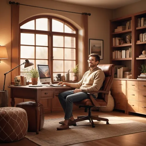 Prompt: young joyful guy in his 30s, cozy home office environment, (warm colors), tranquil and serene atmosphere, inviting furniture, artistic decor elements, soft lighting, (high resolution) 2000x1000 pixels panoramic view, harmonious composition, serene color palette, natural light streaming through the window, detailed textures, ultra-detailed craftsmanship.