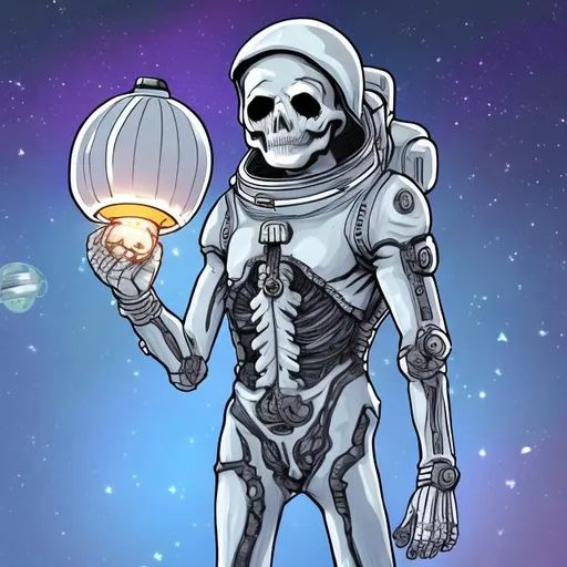 Prompt: A digital drawing Skelton wearing a space suit, in space, holding a lantern from a full body distance point of view