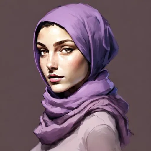 Prompt: a round face of a female wearing a lavender color scarf around her head without a hair showing, black color background, dark hazelnut eye, light pink lips, African nose style, white middle east skin tone, round shape light eyebrows' 