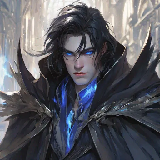 Prompt: close up darkly handsome young man, pale skin, sharp features, uneven long black hair, one black iris, one bright blue iris, black cloak, concept art, epic lighting, finely-tuned, octane rendering