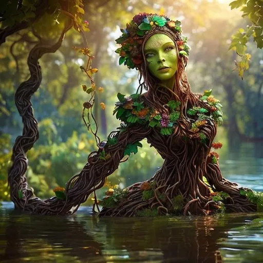 Prompt: Beautiful Treant woman, colorful flowers (wooden skin:1.3), brown straight vines, face made out of vines, flowers, waist deep in water, by wlop