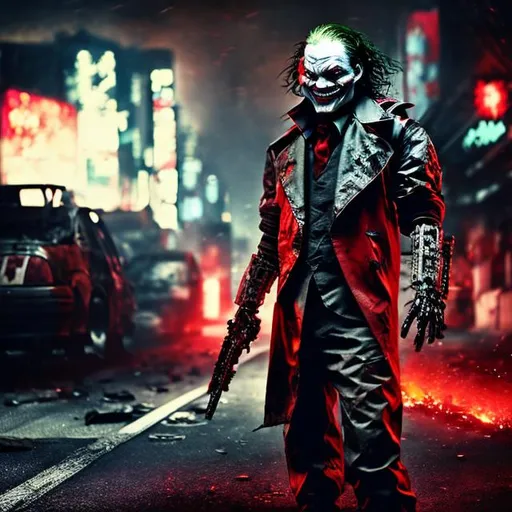 Prompt: Black and red armoured cyberpunk joker. Bad makeup. Slow exposure. Detailed. Dirty. Dark and gritty. Post-apocalyptic Neo Tokyo. Futuristic. Shadows. Sinister. Armed. Fanatic. Intense. Heavy rain. Explosion. Burning car in background