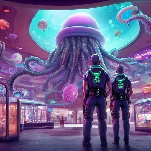 Prompt: octopus security guards in a busy alien mall, widescreen, infinity vanishing point, galaxy background, surprise easter egg