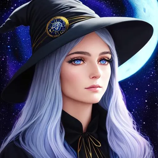 Prompt: A woman with a black cat, by Magali Villeneuve, blue witch hat, themed on the stars and moon, light iridescent hair color, trevor brown style, cloning spell, vivid ultraviolet colors, beautiful female witch, light grey-blue eyes, 2 0 2 0 award winning painting, in a luminist style