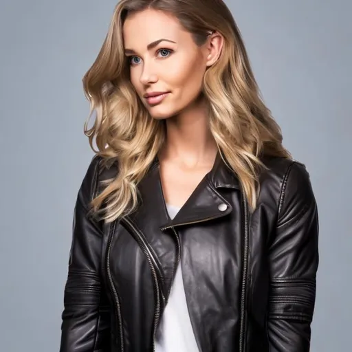 Prompt: leather jacket on a woman's  shoulder product imagery for amazon 