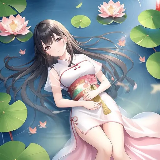 Prompt: young chinese woman lying on her back in a pond with water rushing onto her, anime style, light colored (hanfu dress), (light pink), (lily pads), clear water, koi fish,  cool lighting, smooth stones, calm, peaceful, carps, beautiful, shallow water, grey pebbles, plants, youthful, (cute), beautiful, mystical