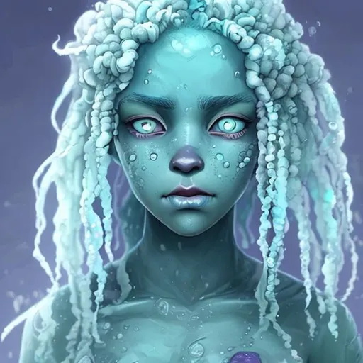 Prompt: Water Genasi with pale bluegreen skin, and long blue to purple hair