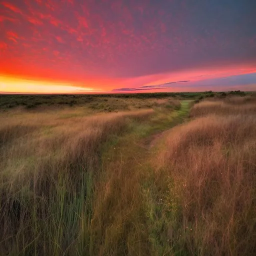 Prompt: Grassland along the edge of a giant lake, POV, overgrown dirt trail with a completely red sky