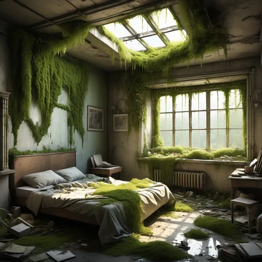 Prompt: Post-apocalyptic bedroom interior, nature reclaiming space with lush greenery entwined around crumbling walls, soft sunlight filtering through broken windows, remnants of furniture overtaken by moss and vines, dust particles floating through the warm air, a melancholic yet serene ambiance, high detail and atmospheric depth, HD, ultra-detailed, a blend of decay and beauty blending harmoniously.