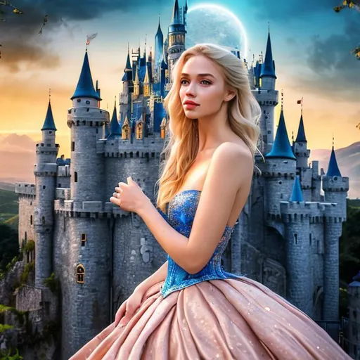 Prompt: 4k professional modeling photo live action human woman hd hyper realistic beautiful woman blonde hair fair skin blue eyes beautiful face blue ballgown enchanting magic castle landscape hd background with live action ballroom midnight