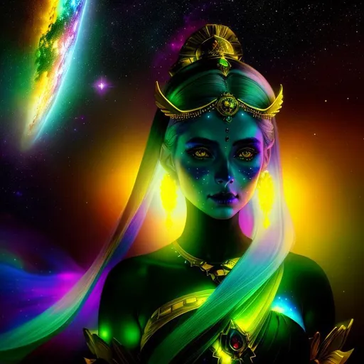 Prompt: Cosmic cinematic, Nebula, 3D, HD, {Beautiful Sugarskull}female as Goddess, plasma gold green silver red black, expansive Cosmic background, interstellar, freeform dark chaos, hyper realistic, 8K --s98500